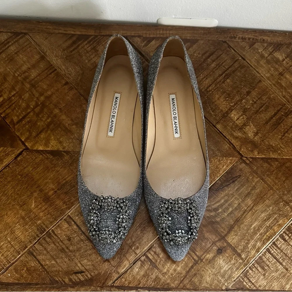 Manolo Blahnik Silver Glitter Pointed Toe Flats with Crystal Brooch